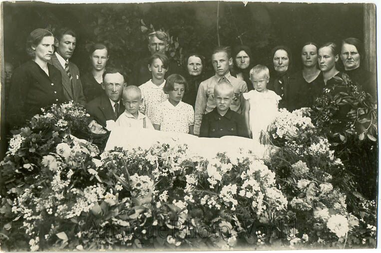 Old woman post mortem casket mourners antique photo  