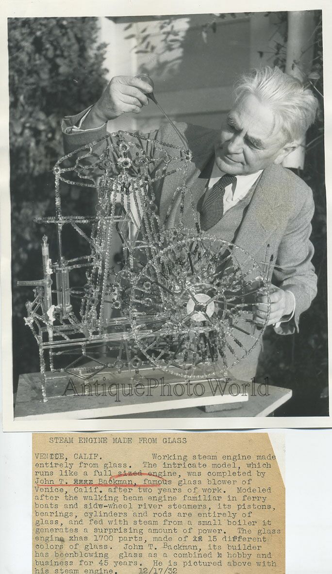 Glass steam engine model by J. Backman antique photo  