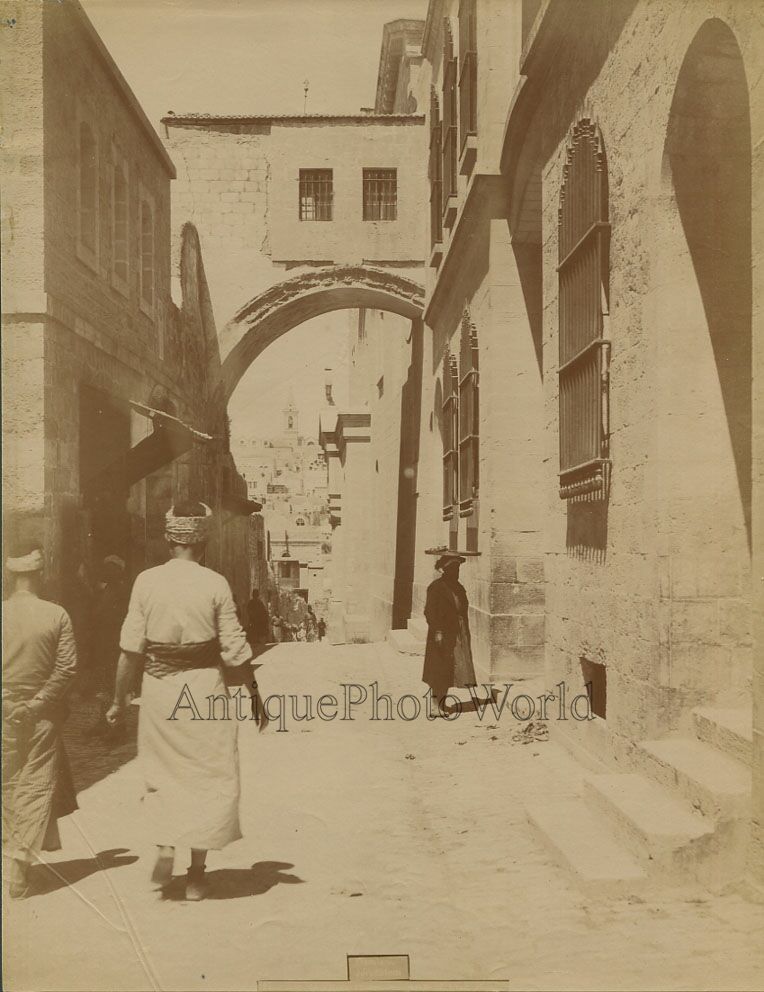 Jerusalem men on street antique albumen photo Israel Palestine