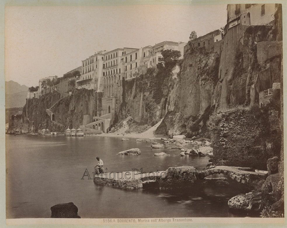 Sorrento Italy lonely man on shore antique albumen art photo