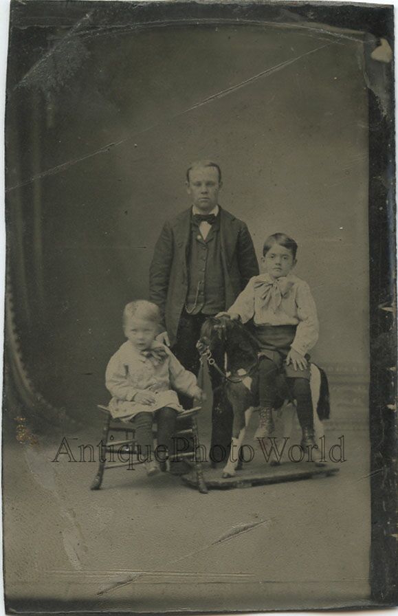 Man with Children and Great Toy Horse Antique Tintype Photo