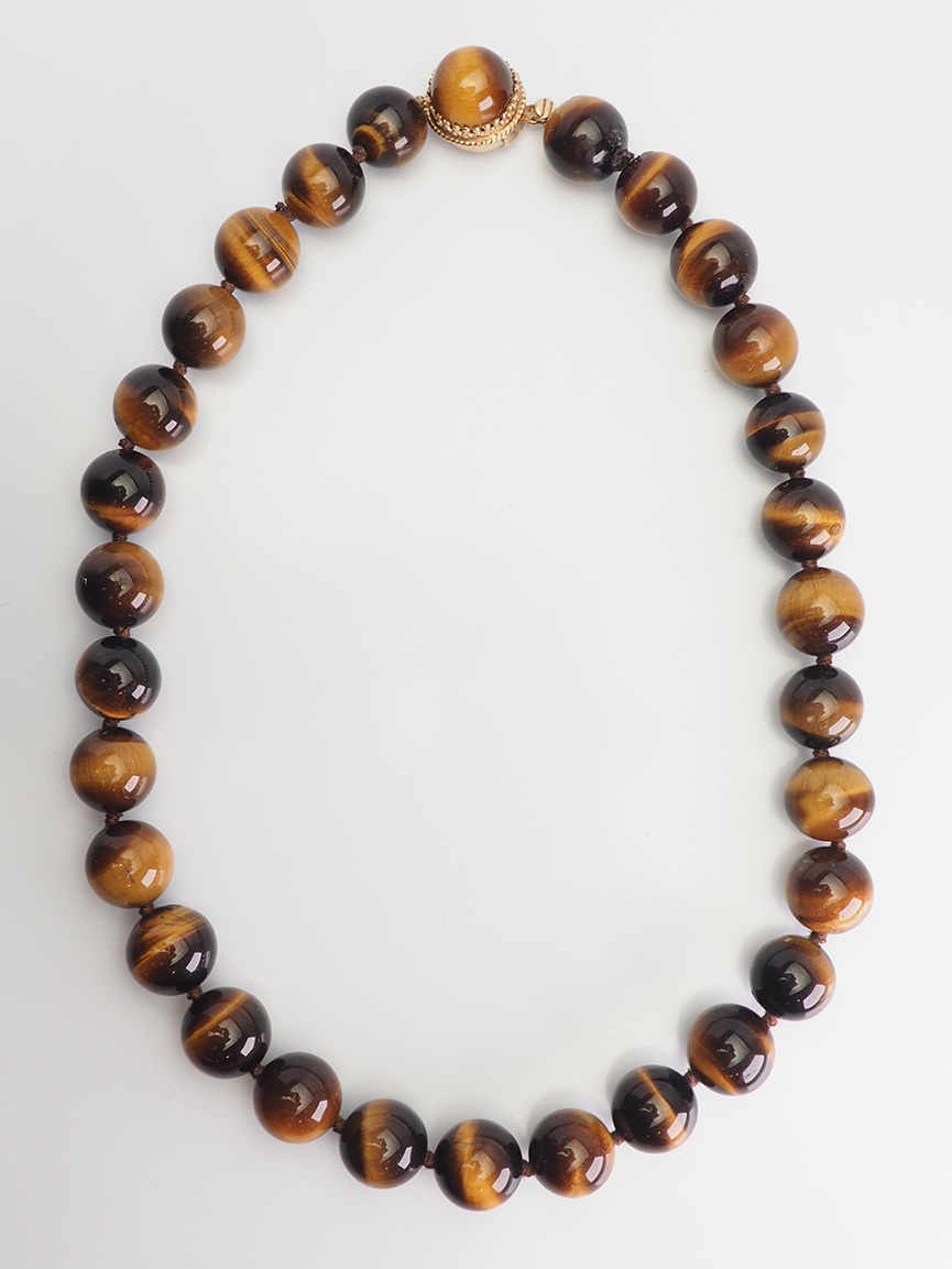 Vintage Chunky K Gold Claps And Round Tiger Eye Bead Necklace By